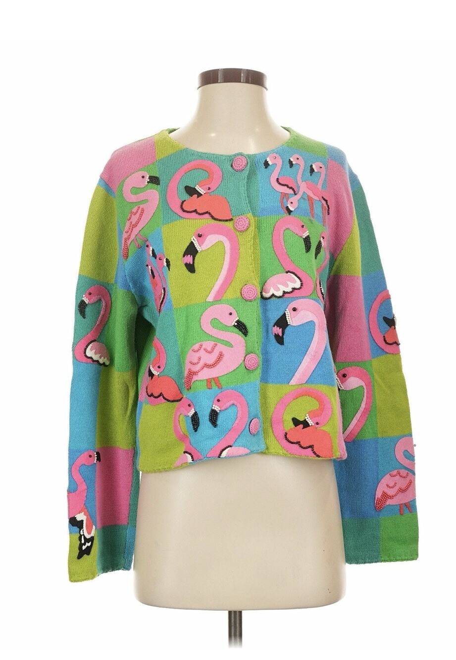 VTG Michael Simon Pink Flamingo 3D Beaded Embroidered Cardigan Sweater S